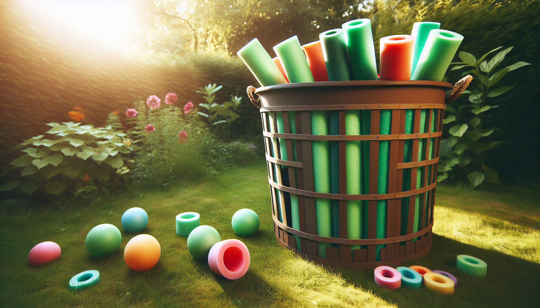 Make a green storage basket using pool noodles and a laundry basket