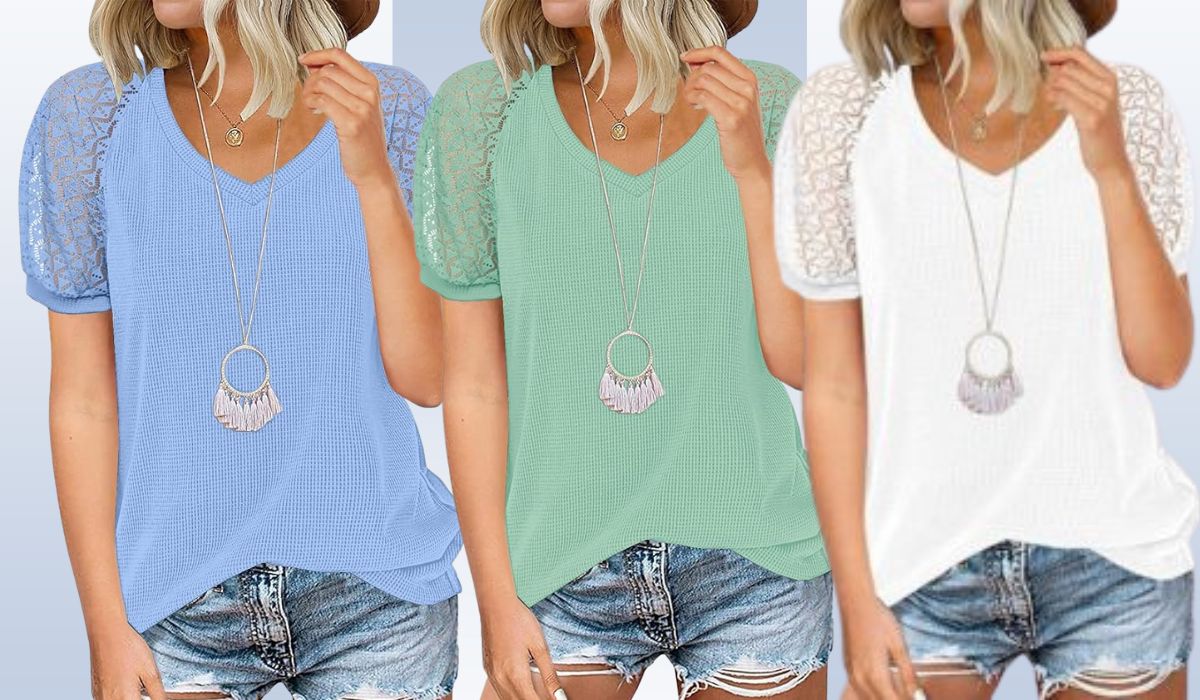 Three v-neck tops in blue, green and white.