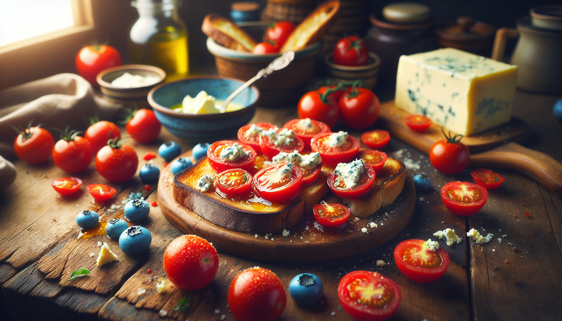 Experience the flavor burst - tomato toast with blue cheese butter from the Mediterranean kitchen